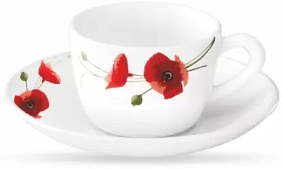 BOROSIL Opalware RED Carnation Pack of 6 Cup Saucer Set of Cup 140ml (6 pcs) Saucer 135mm (6 pcs)