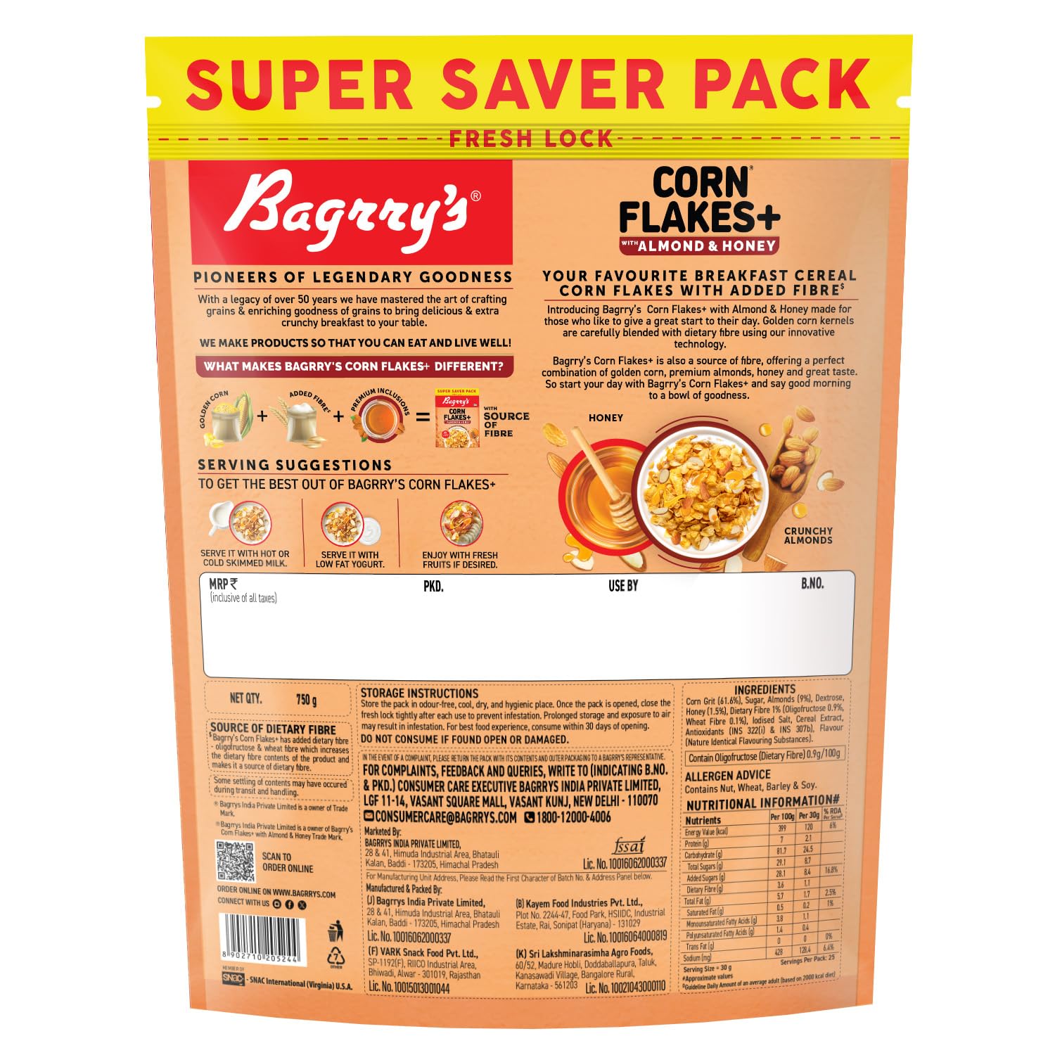 Bagrrys Cornflakes Plus With Almond And Honey 300 Gms Box
