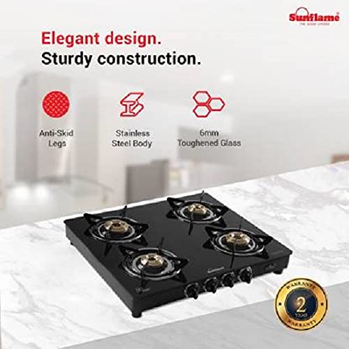 Sunflame Gas Stove Classic 4 Burner Glass Top